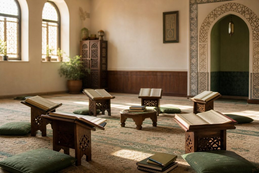 Quranic learning materials arranged in a calm educational setting